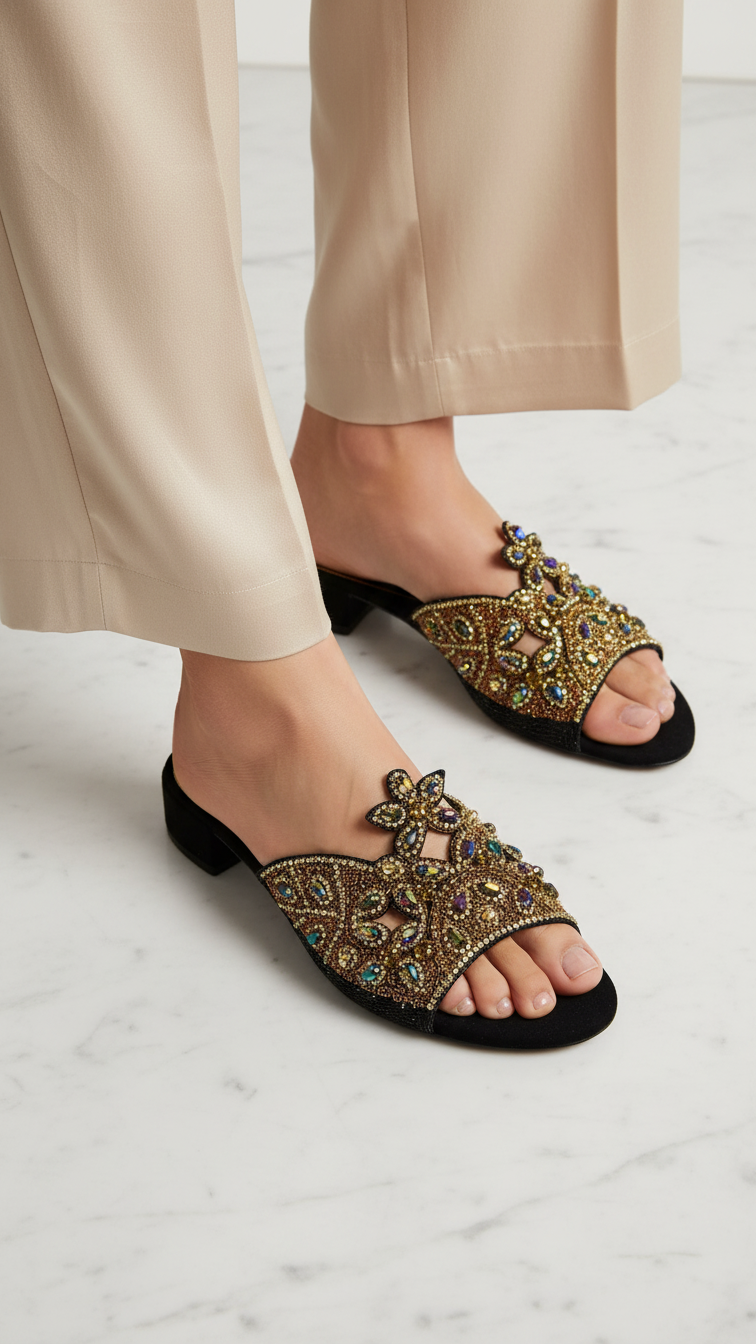 A pair of ornate, beige-colored sandals with intricate floral designs and embellishments.