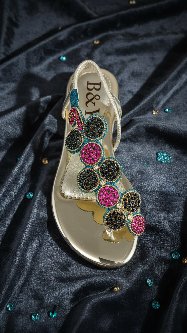 A gold sandal with colorful rhinestones and a floral design is displayed on a dark blue fabric background with scattered blue and gold rhinestones.