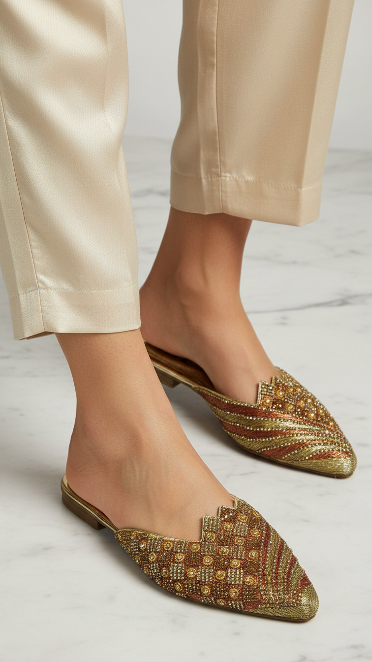 A pair of gold and red embellished mules with a pointed toe design.