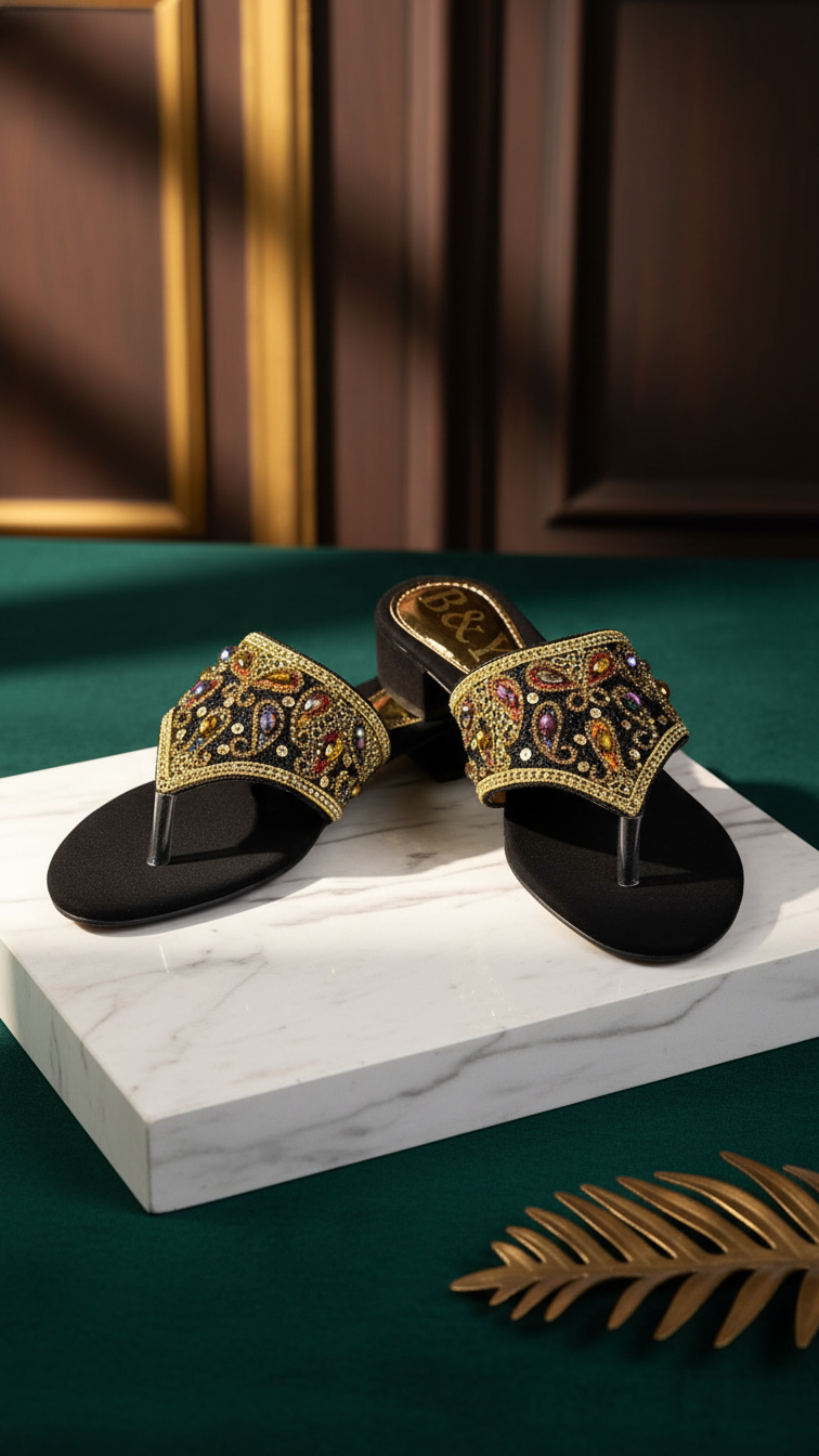A pair of ornate, bejeweled sandals with intricate designs are displayed on a white marble surface, with a gold leaf decoration in the foreground.