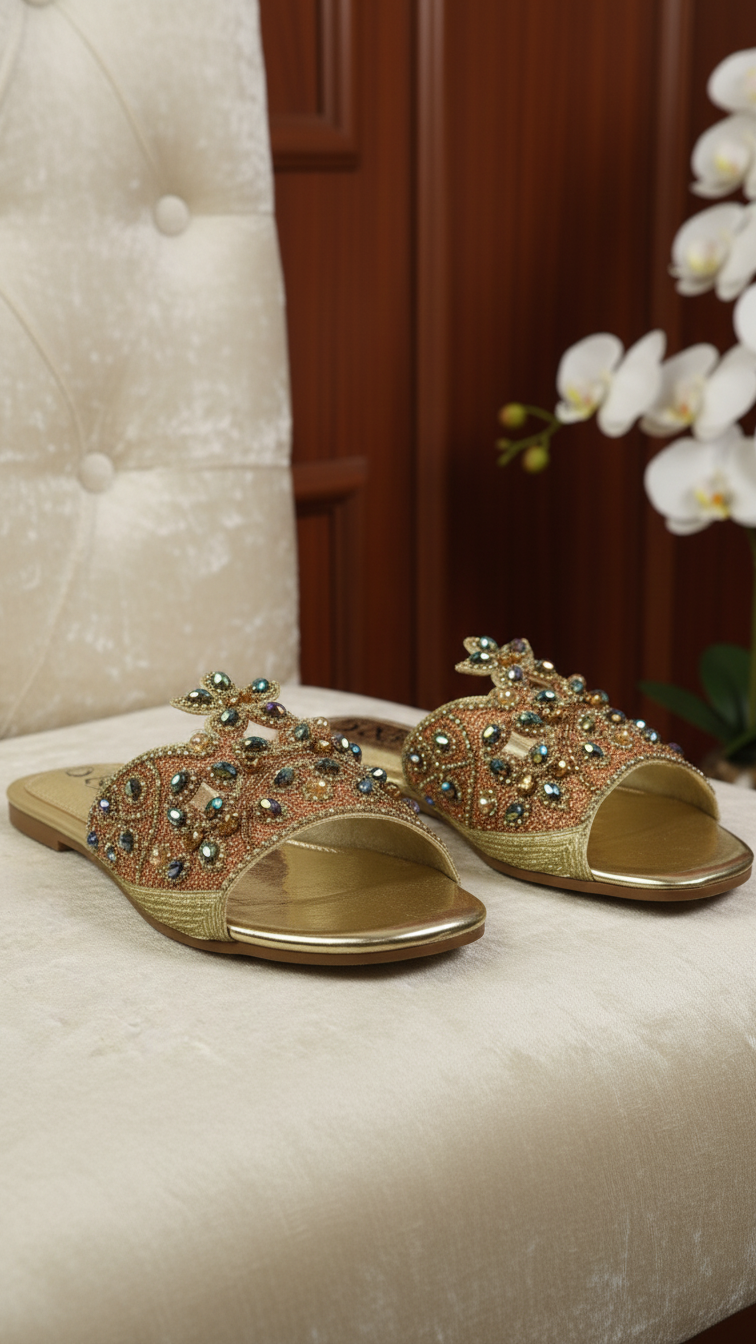 A pair of gold and beige embellished sandals with rhinestones are placed on a white velvet chair.