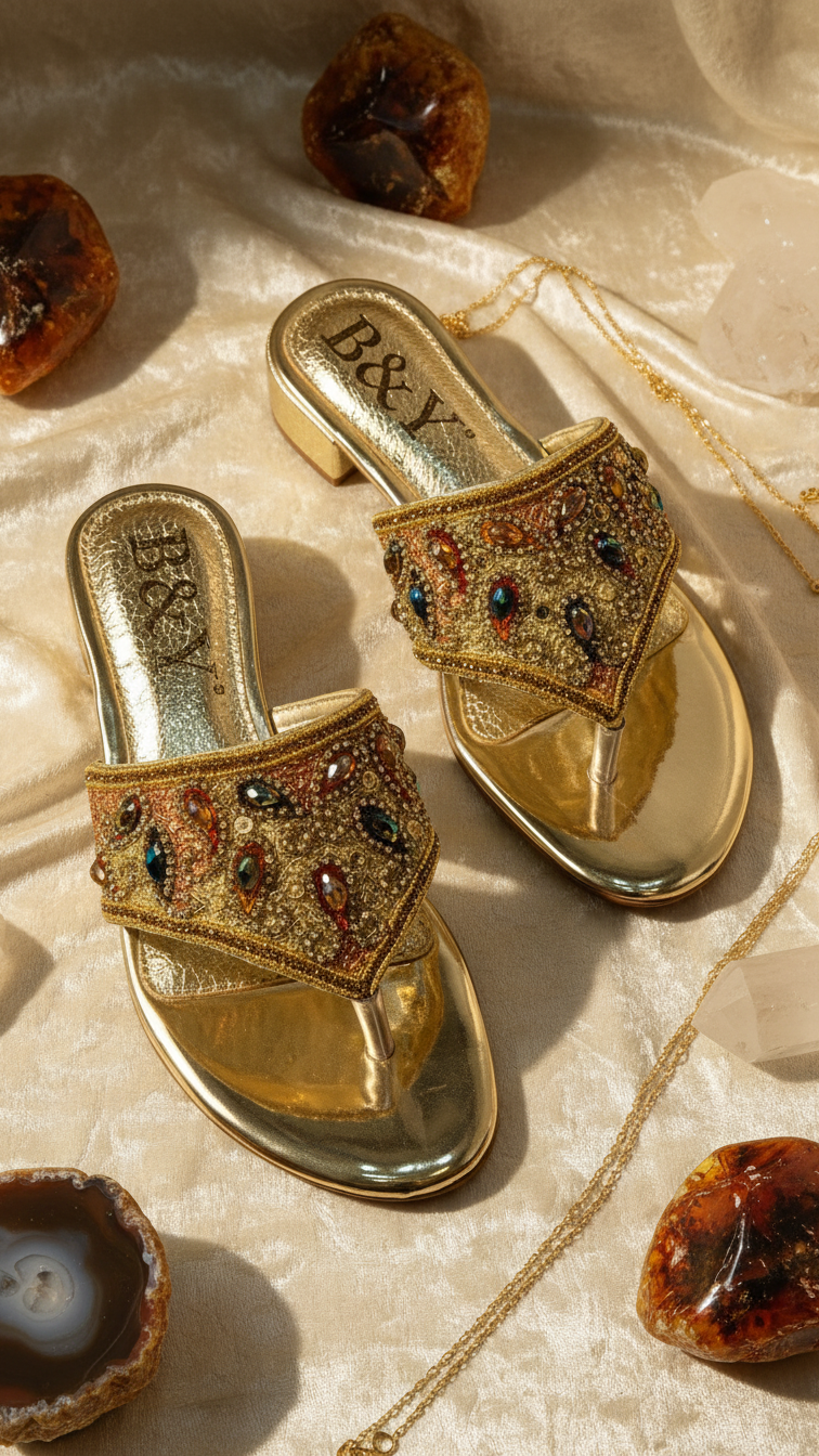 A pair of gold sandals with intricate beaded embellishments, placed on a beige fabric surface alongside various natural elements such as rocks and amber.