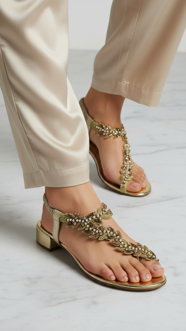A close-up of a person's feet wearing gold sandals with leaf-shaped embellishments.
