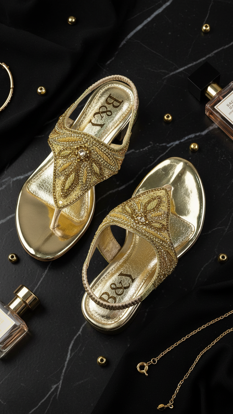 A pair of gold, embellished sandals with a floral design, placed on a black marble surface alongside various accessories such as jewelry and perfume bottles.