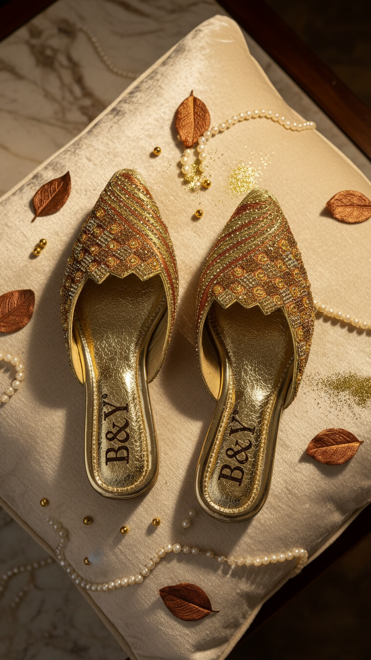 A pair of gold, embellished shoes with a scalloped design, placed on a beige pillow with pearls and leaves around them.