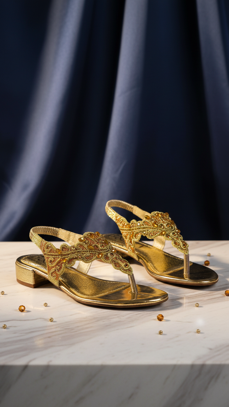 A pair of gold, embellished sandals with intricate designs, placed on a white marble surface against a blue curtain background.