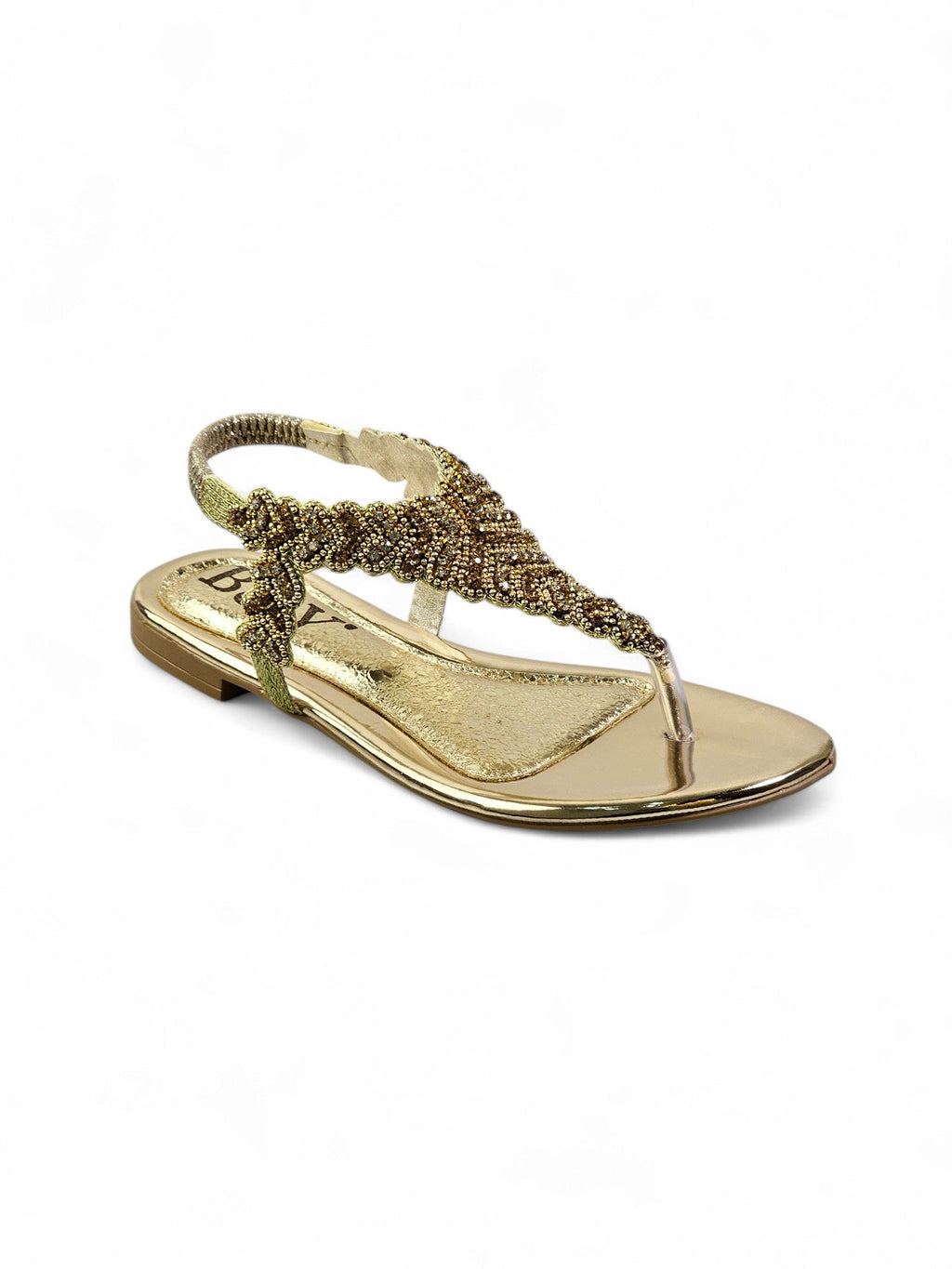 A gold-colored, embellished sandal with a pointed toe and a strap across the top.