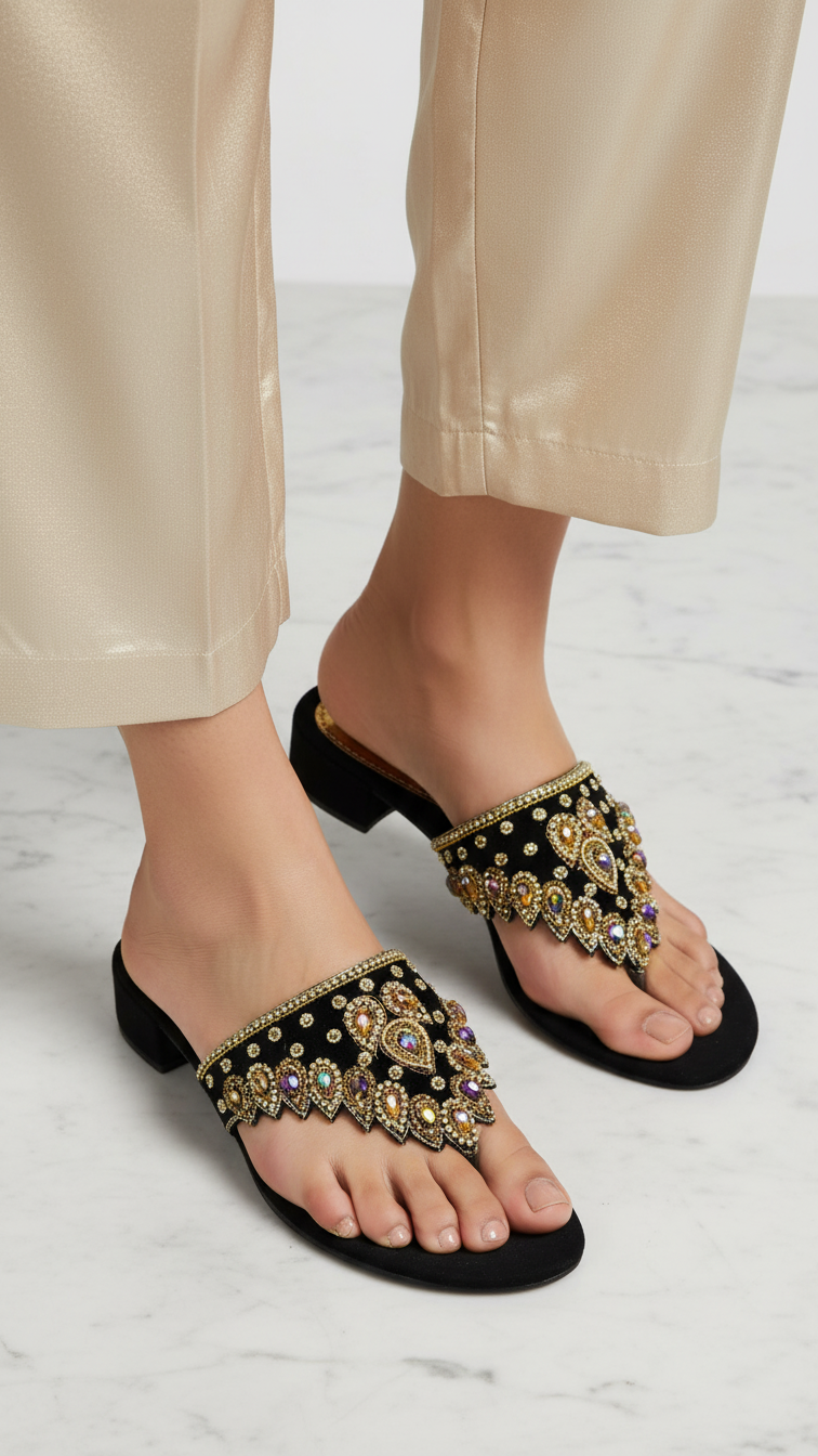 A pair of black sandals with gold embellishments, worn by a person standing on a marble surface.