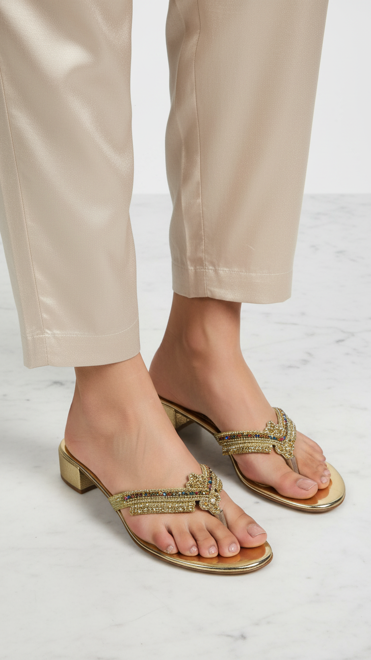 A pair of gold sandals with a decorative bow on the toe.