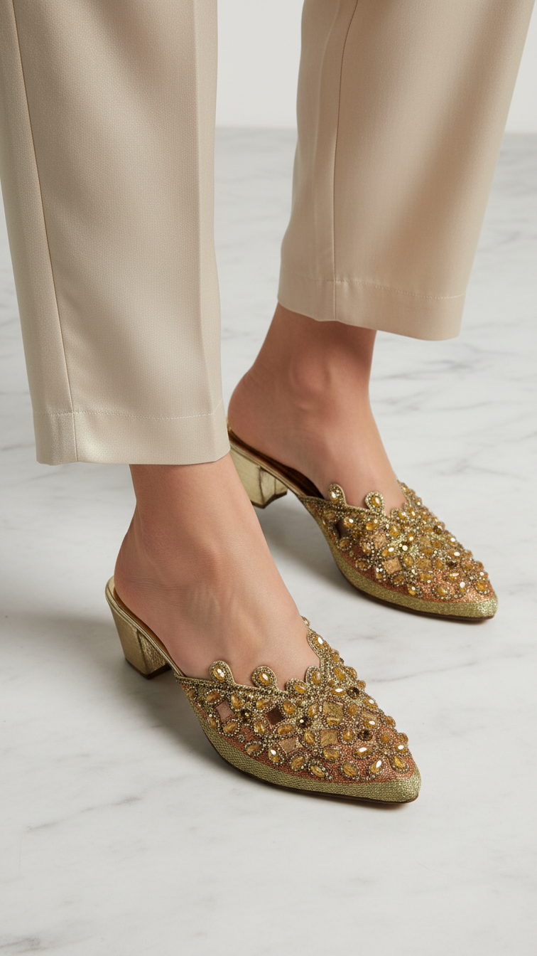 A pair of gold, embellished mens shoes with a floral design.