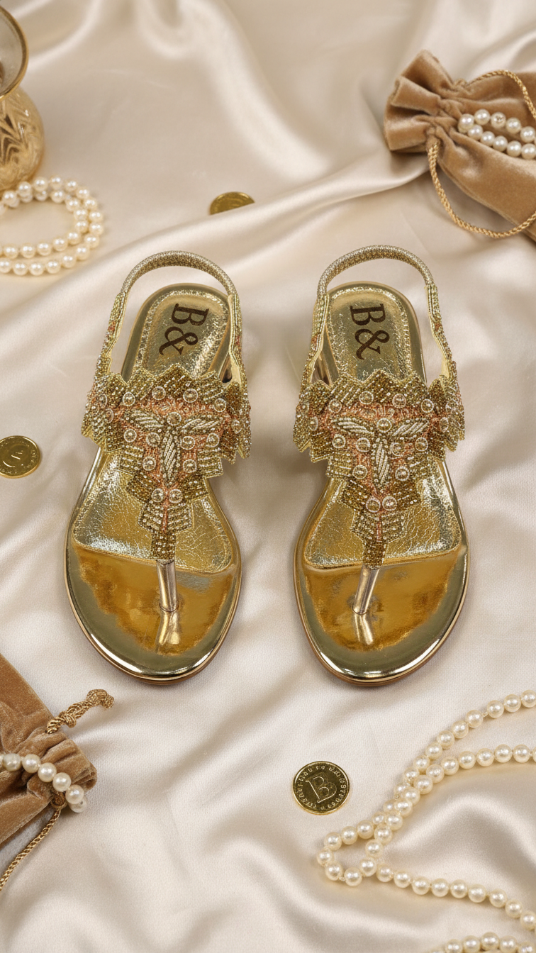 A pair of gold, embellished sandals with intricate designs, placed on a white background with pearls, a gold coin, and a small bag.