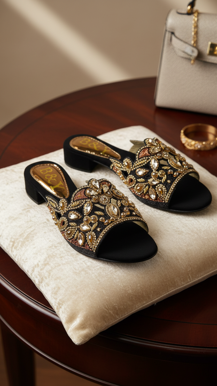 A pair of black and gold embellished sandals are placed on a white pillow on a wooden table.