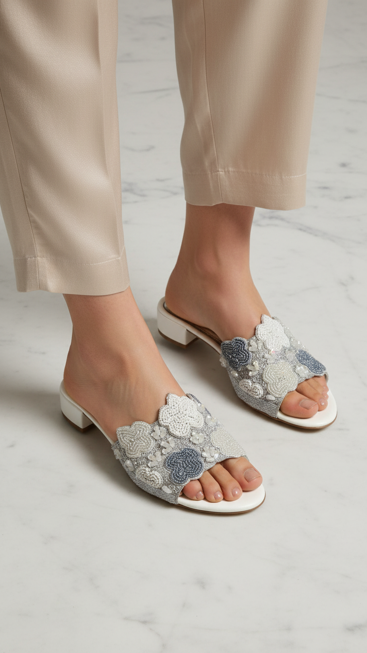 A pair of beige pants and white sandals with blue floral embellishments.