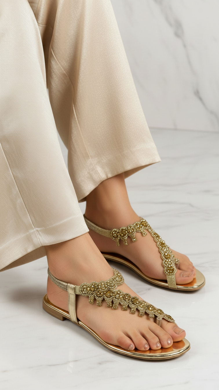 A pair of gold sandals with intricate beaded embellishments, worn on a marble floor.