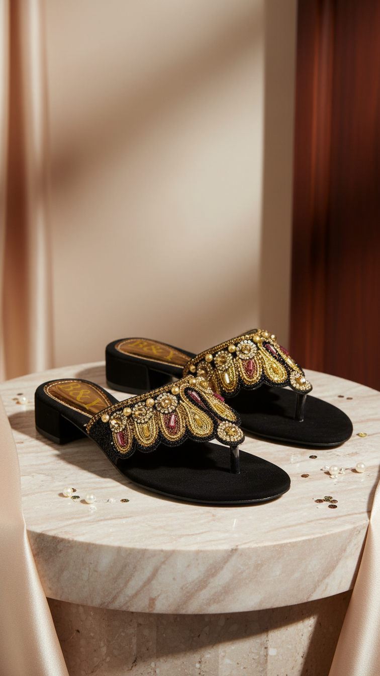 A pair of black, embellished sandals with gold and red accents are displayed on a marble surface.