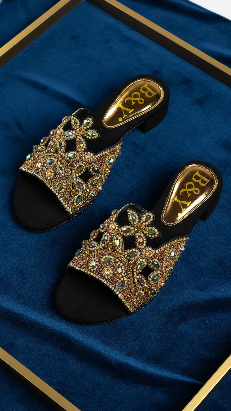 A pair of ornate, gold-colored sandals with intricate floral designs on the sides, placed on a blue velvet background.