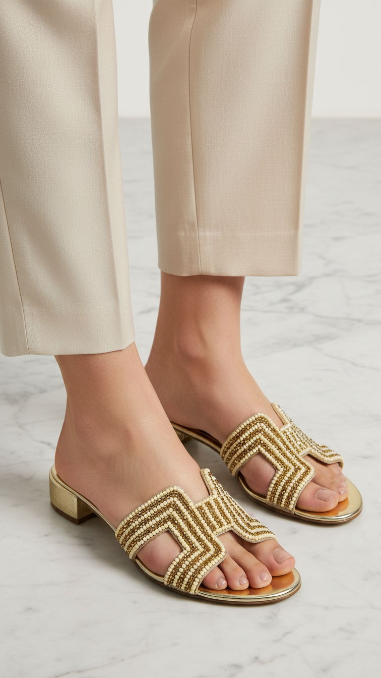 A pair of gold-colored sandals with a geometric pattern on the straps.