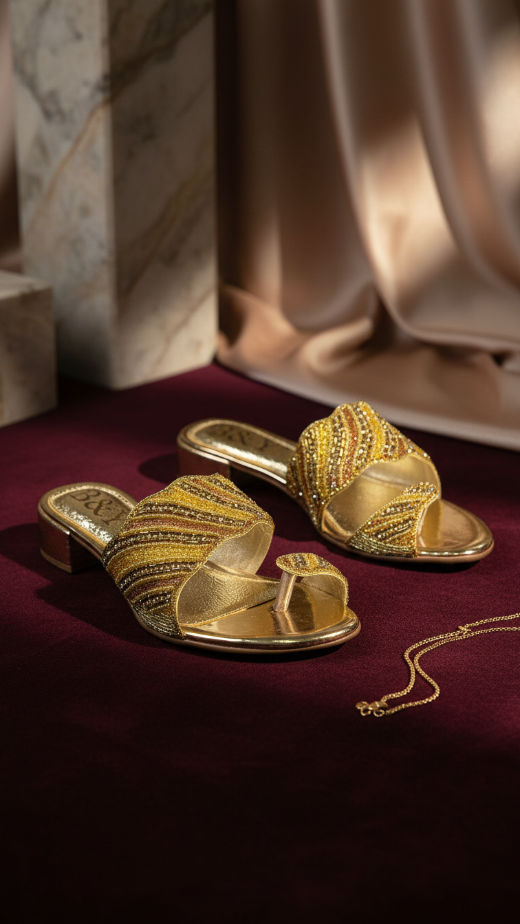 A pair of gold, embellished sandals with a pointed toe and a strap across the top, placed on a burgundy surface.