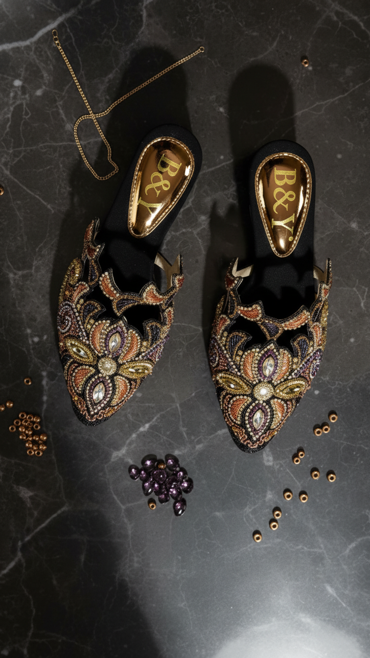 A pair of ornate, beaded, and embellished shoes with gold accents, placed on a dark surface with scattered beads around them.