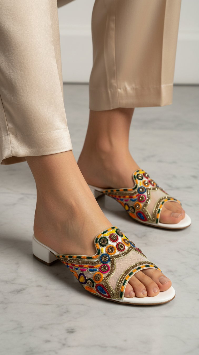 A close-up of a person's feet wearing colorful, patterned sandals.