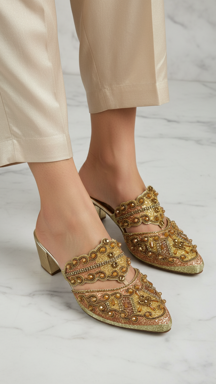 A pair of gold, embellished mens shoes with intricate designs and beading.