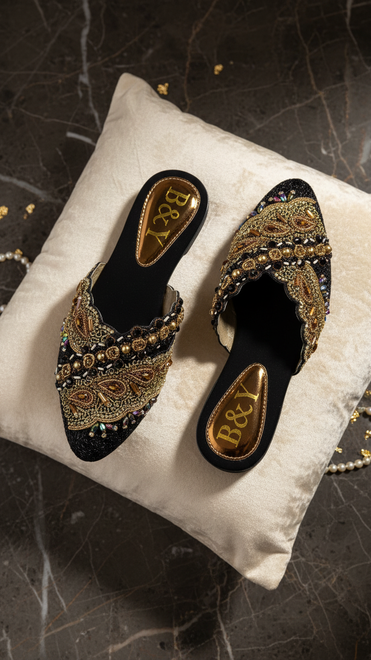 A pair of ornate, gold-colored, and black embellished slippers are displayed on a white pillow against a dark background.