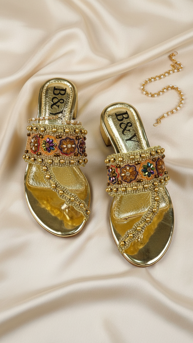 A pair of gold, embellished sandals with intricate designs and rhinestones are displayed on a white fabric background.