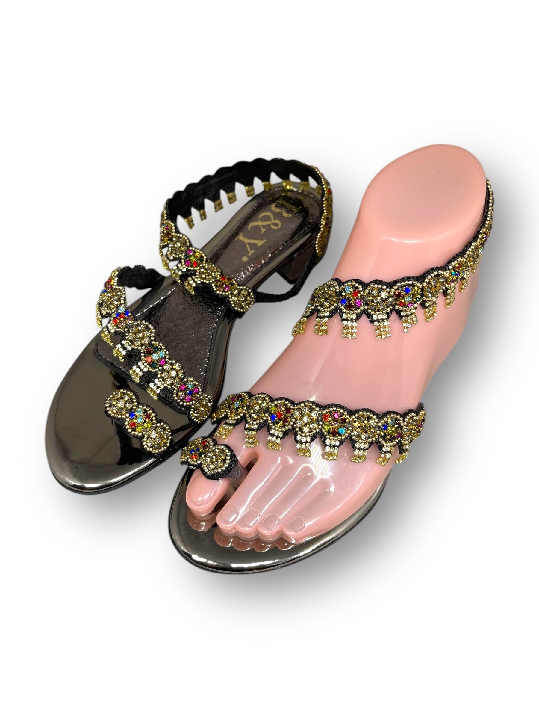 Sandália 9159 Preto Colorido Com Salto Bloco 3cm