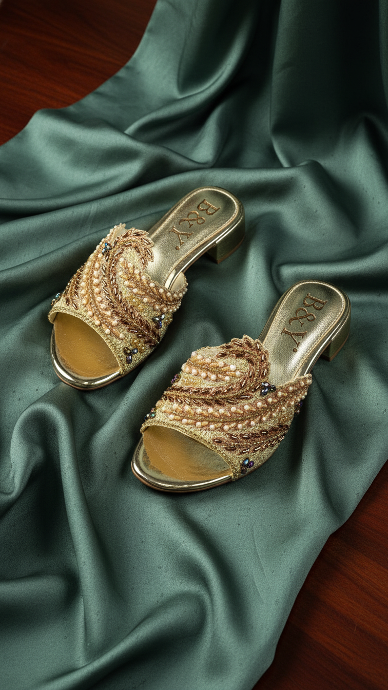 A pair of gold-colored, embellished sandals with intricate designs, placed on a green satin fabric.