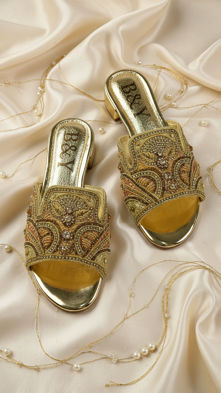 A pair of gold, embellished sandals with intricate designs, placed on a beige fabric background with pearls scattered around.