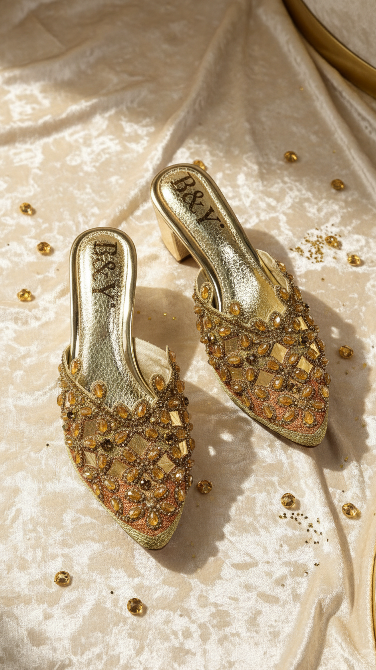 A pair of gold and beige embellished mens shoes with rhinestones on the toe and heel, placed on a beige fabric background with scattered rhinestones.