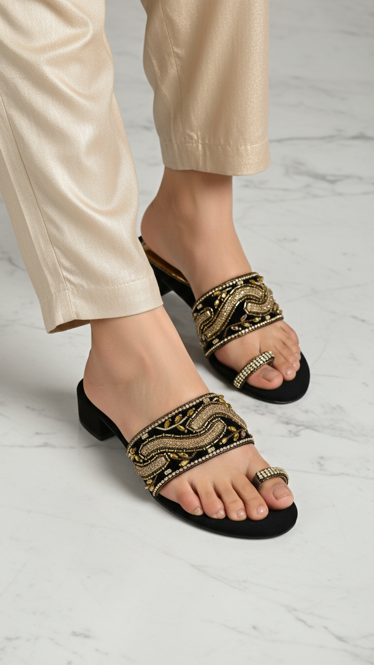 A pair of black and gold embellished sandals with a toe strap and a decorative pattern on the toe.
