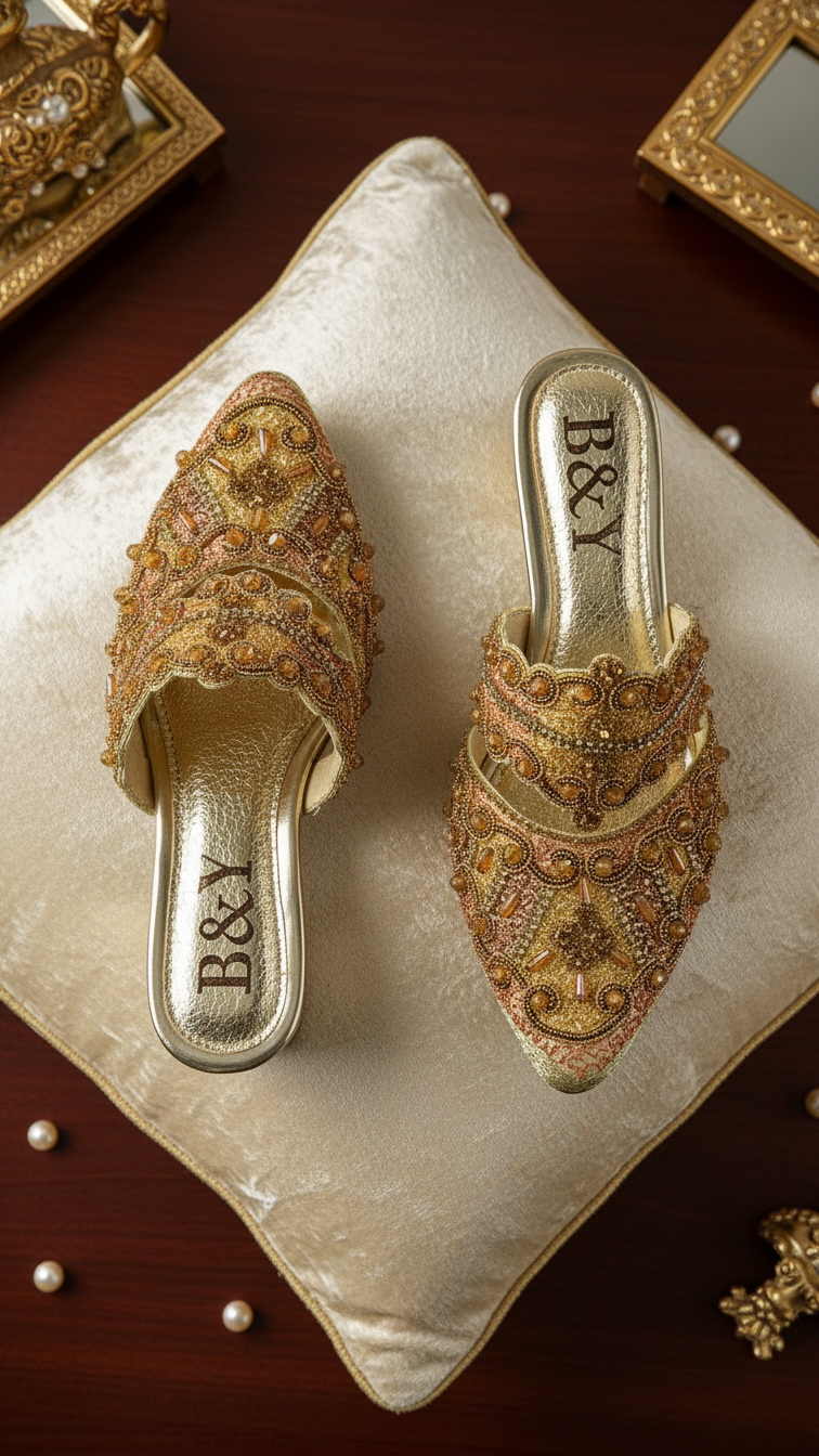 A pair of gold, embellished mens shoes with intricate designs, placed on a white pillow.