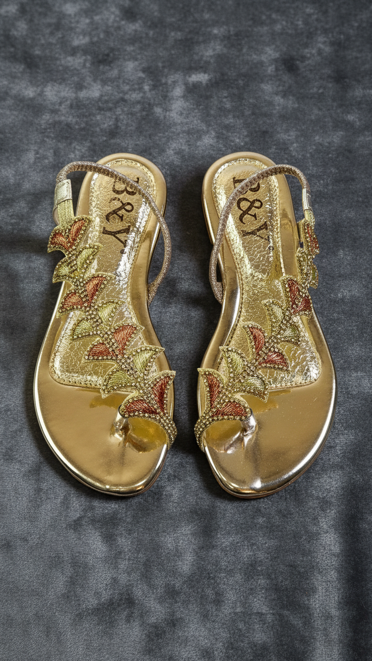 A pair of gold sandals with floral embellishments, placed on a gray surface.