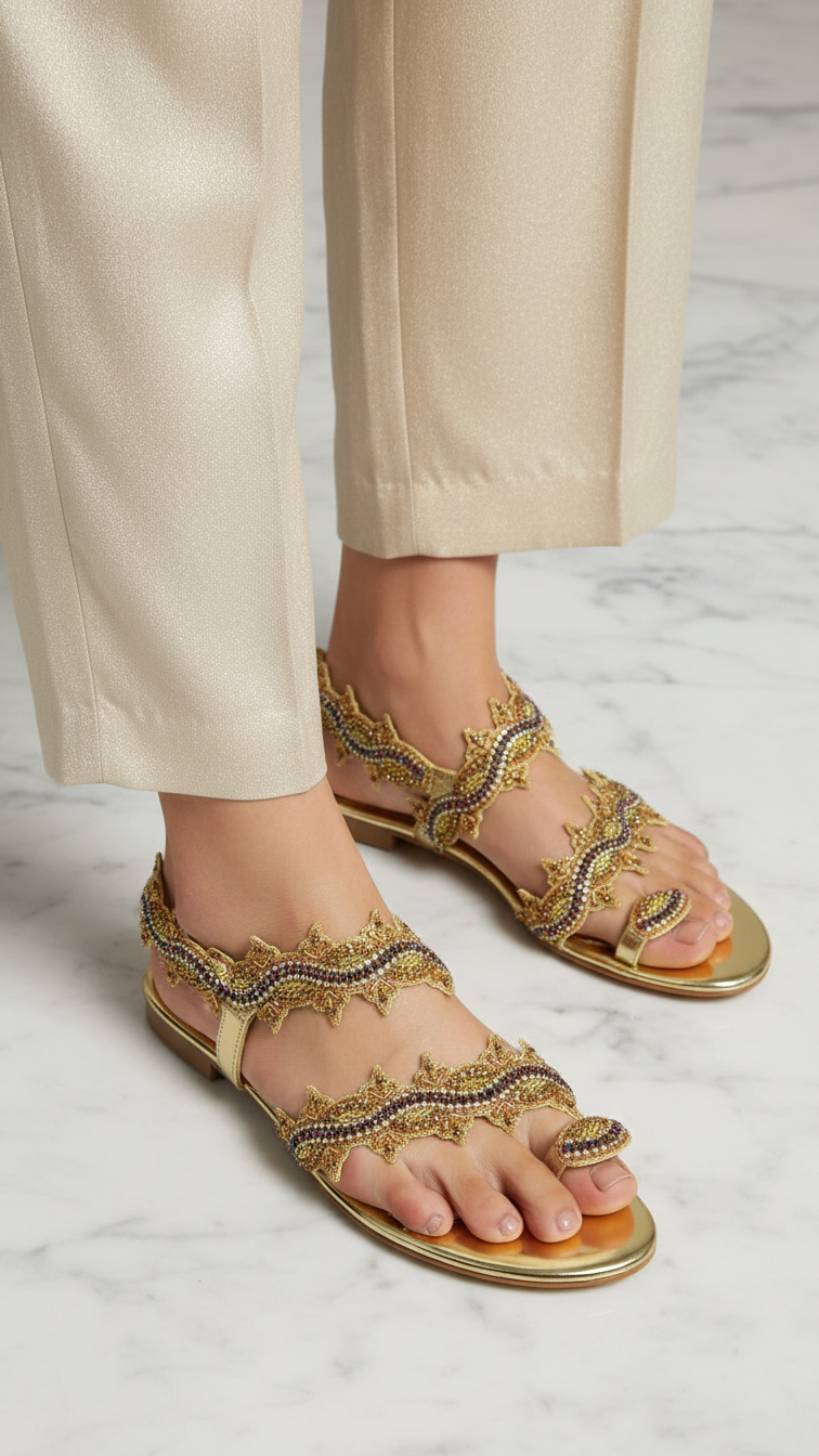 A pair of gold sandals with intricate beaded designs on the toe and heel.