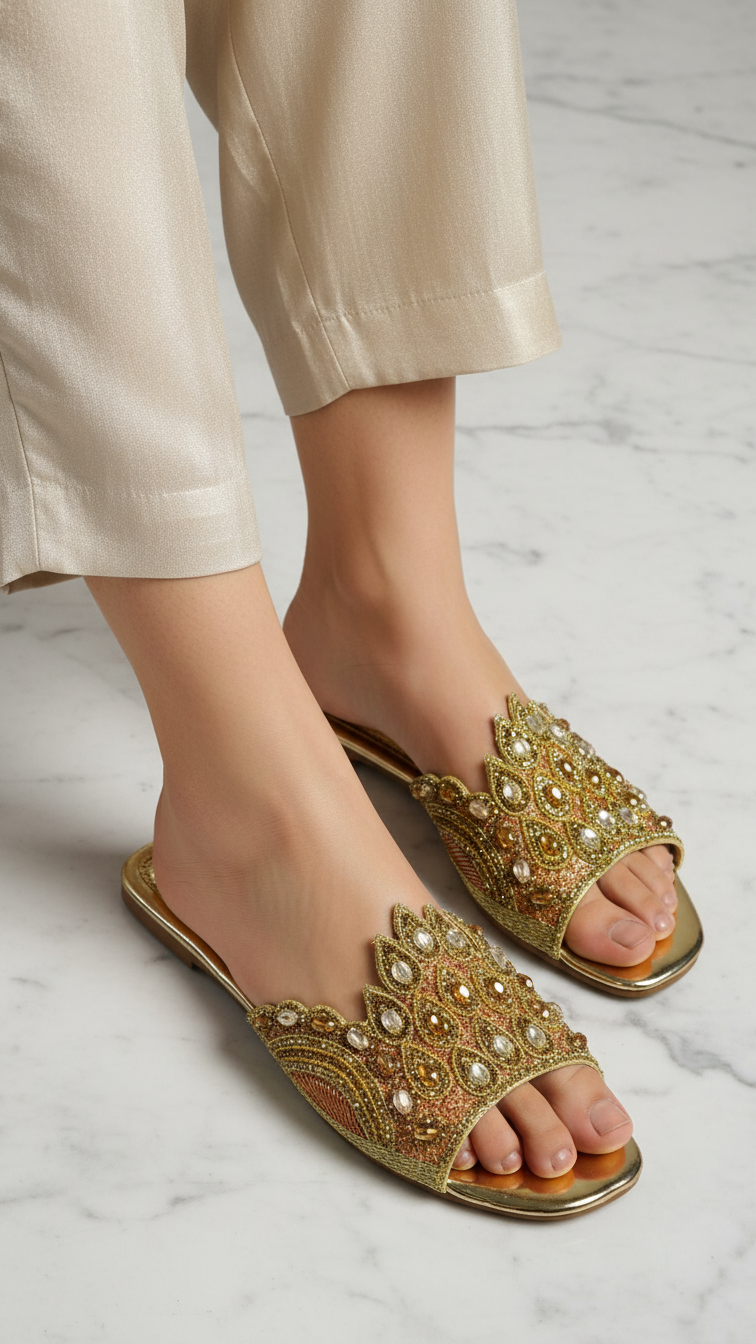 A pair of gold embellished sandals with intricate designs on the toe and heel.