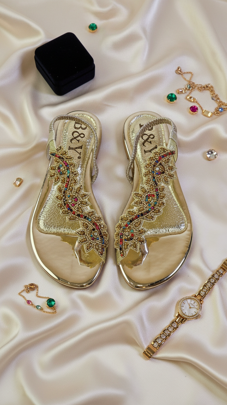 A pair of gold sandals with intricate beaded designs, a watch, and various jewelry pieces are arranged on a white satin background.