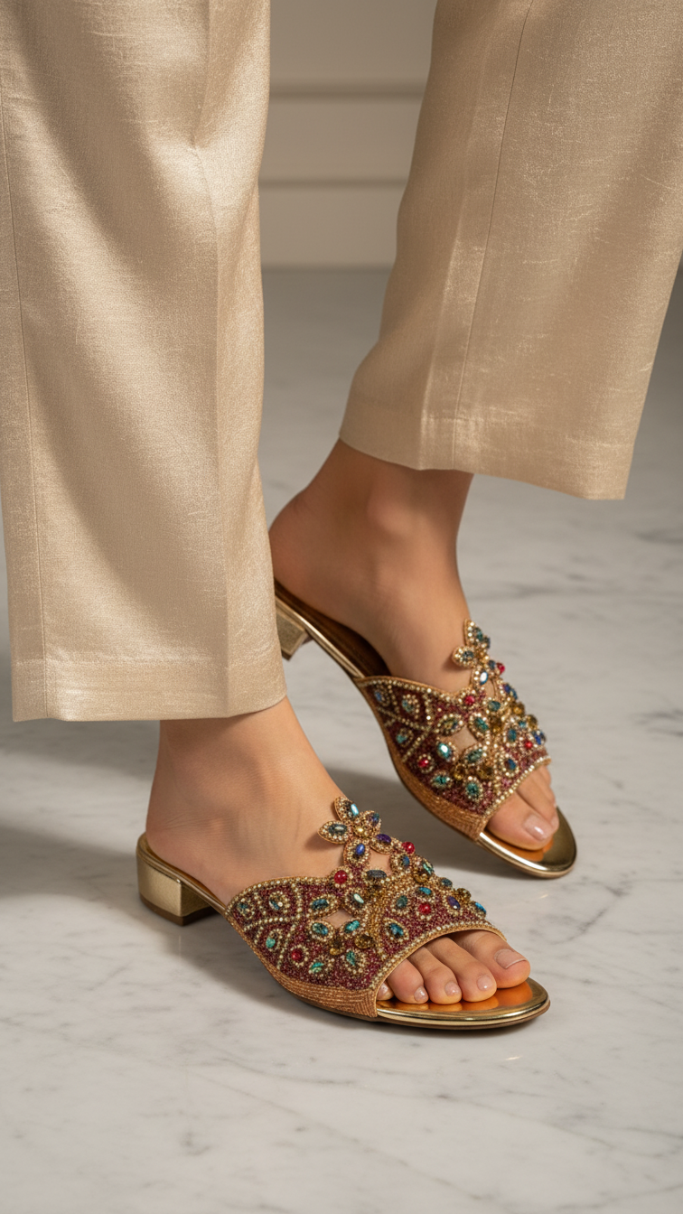 A pair of gold sandals with intricate beaded designs on the toe and heel.
