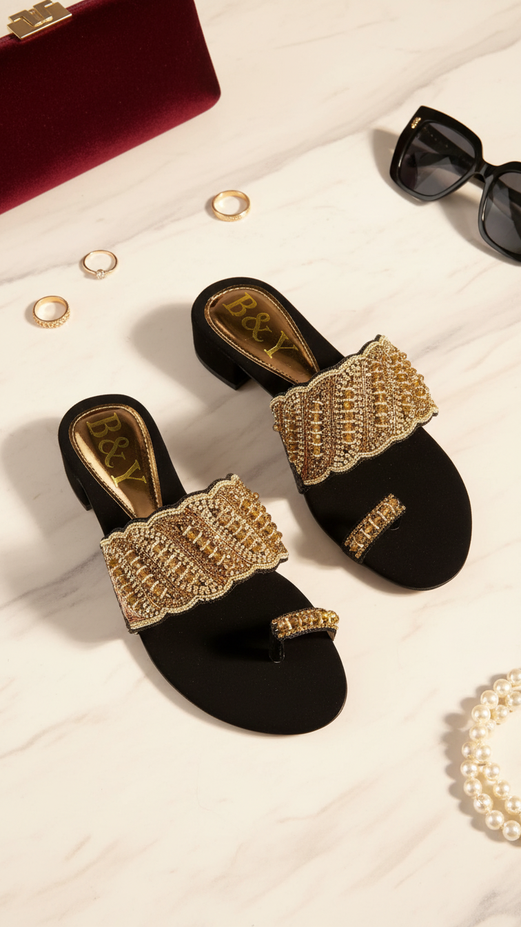 A pair of black and gold embellished sandals, a pair of sunglasses, and some jewelry are arranged on a marble surface.