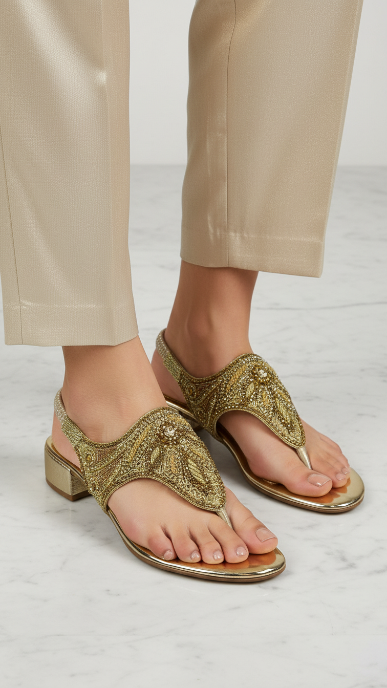 A pair of gold, embellished sandals with a floral design on the toe area.