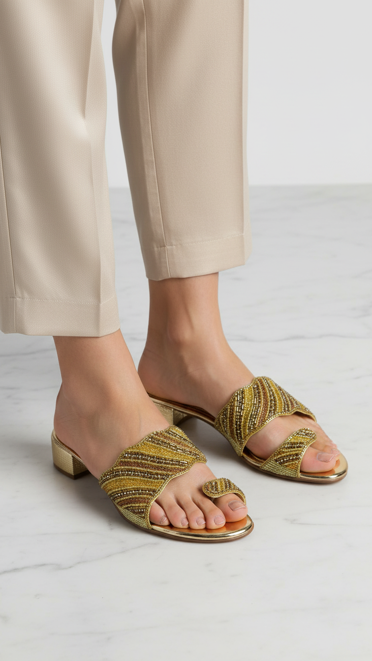 A pair of gold and beige striped sandals with a toe strap design.