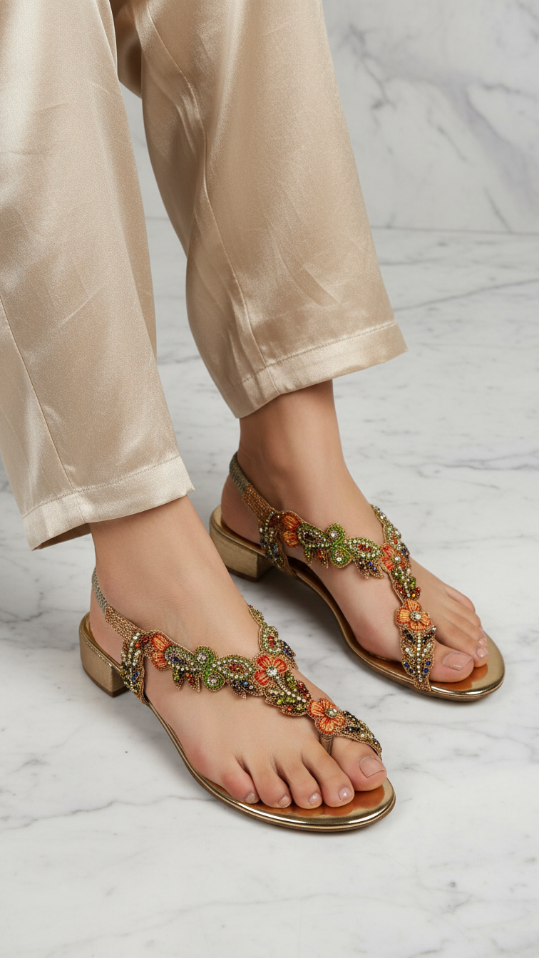 A pair of beige ankle-length pants with a floral embellishment on the heel and toe area, paired with gold sandals with a similar floral design.