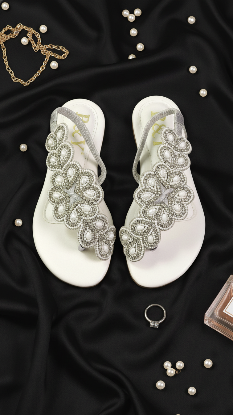 A pair of white, embellished sandals with silver rhinestones are displayed on a black background, surrounded by scattered pearls and a ring.