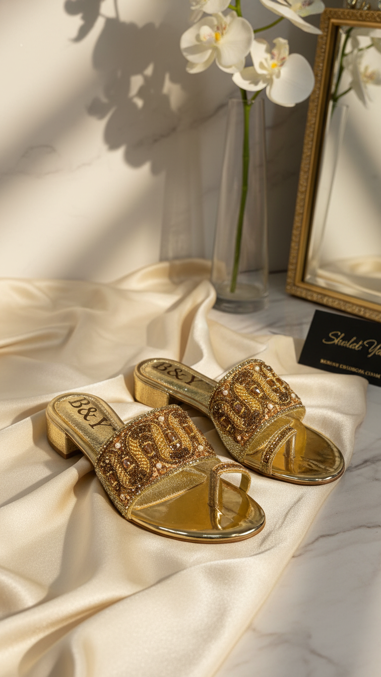 A pair of gold, embellished sandals is displayed on a white cloth, with a vase of white flowers and a framed picture in the background.