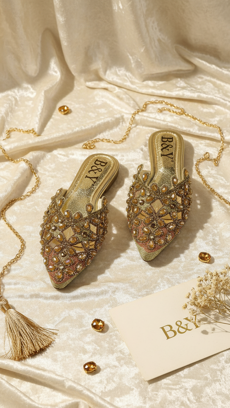 a pair of gold embellished shoes, a gold chain, and a small white card with the text "B&Y" on it, all placed on a white fabric background.
