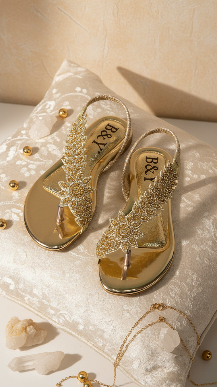 A pair of gold, embellished sandals with a leaf design sits on a white pillow, surrounded by jewelry and crystals.