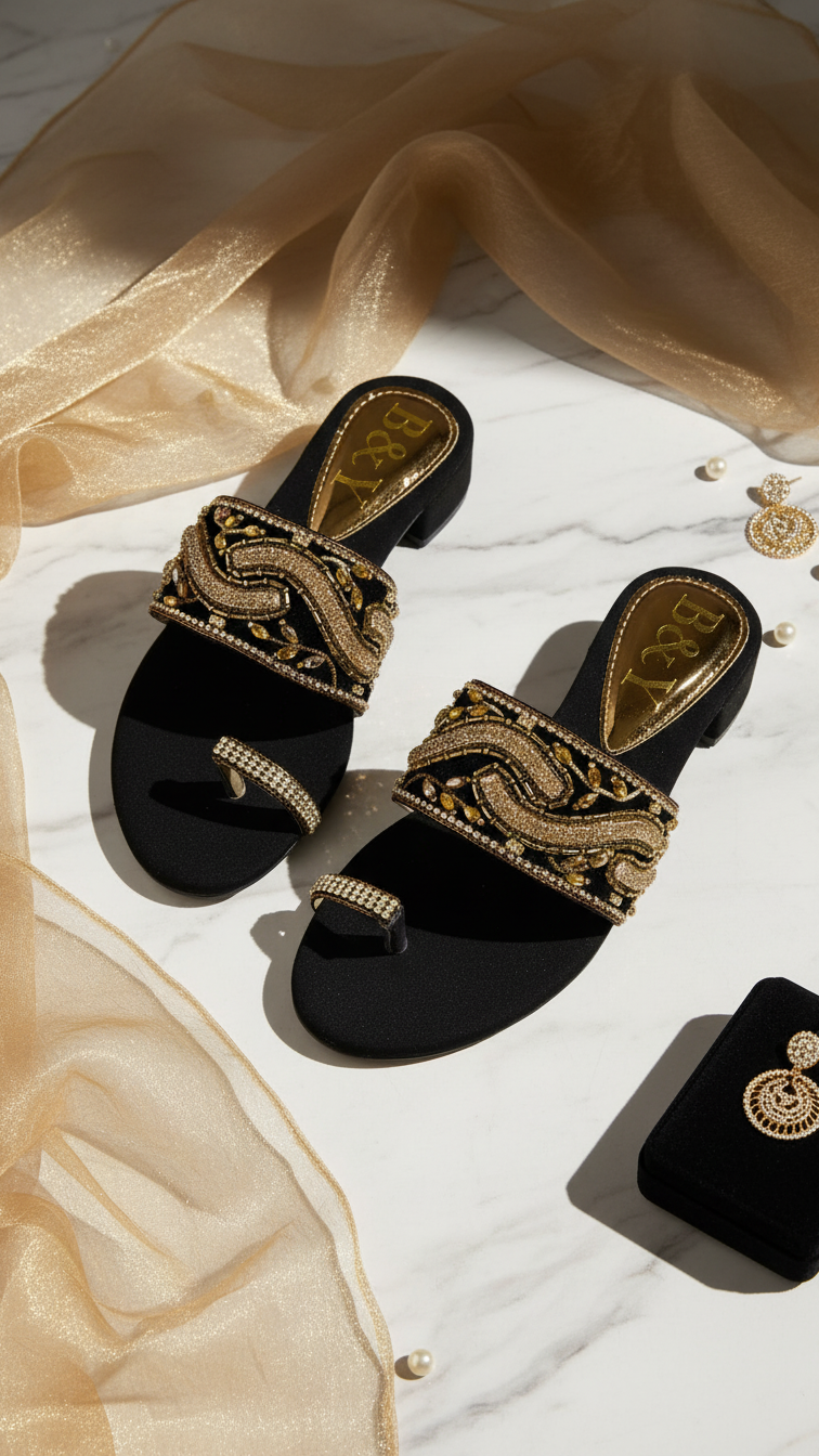 A pair of black, embellished sandals with gold and black designs, placed on a marble surface alongside a gold-colored scarf and some pearls.