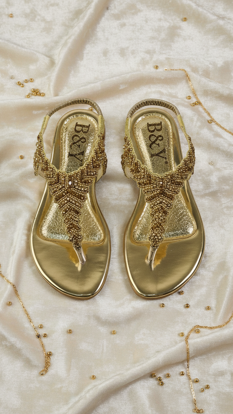 A pair of gold, embellished sandals with a beaded design, placed on a white fabric surface with scattered gold beads around them.