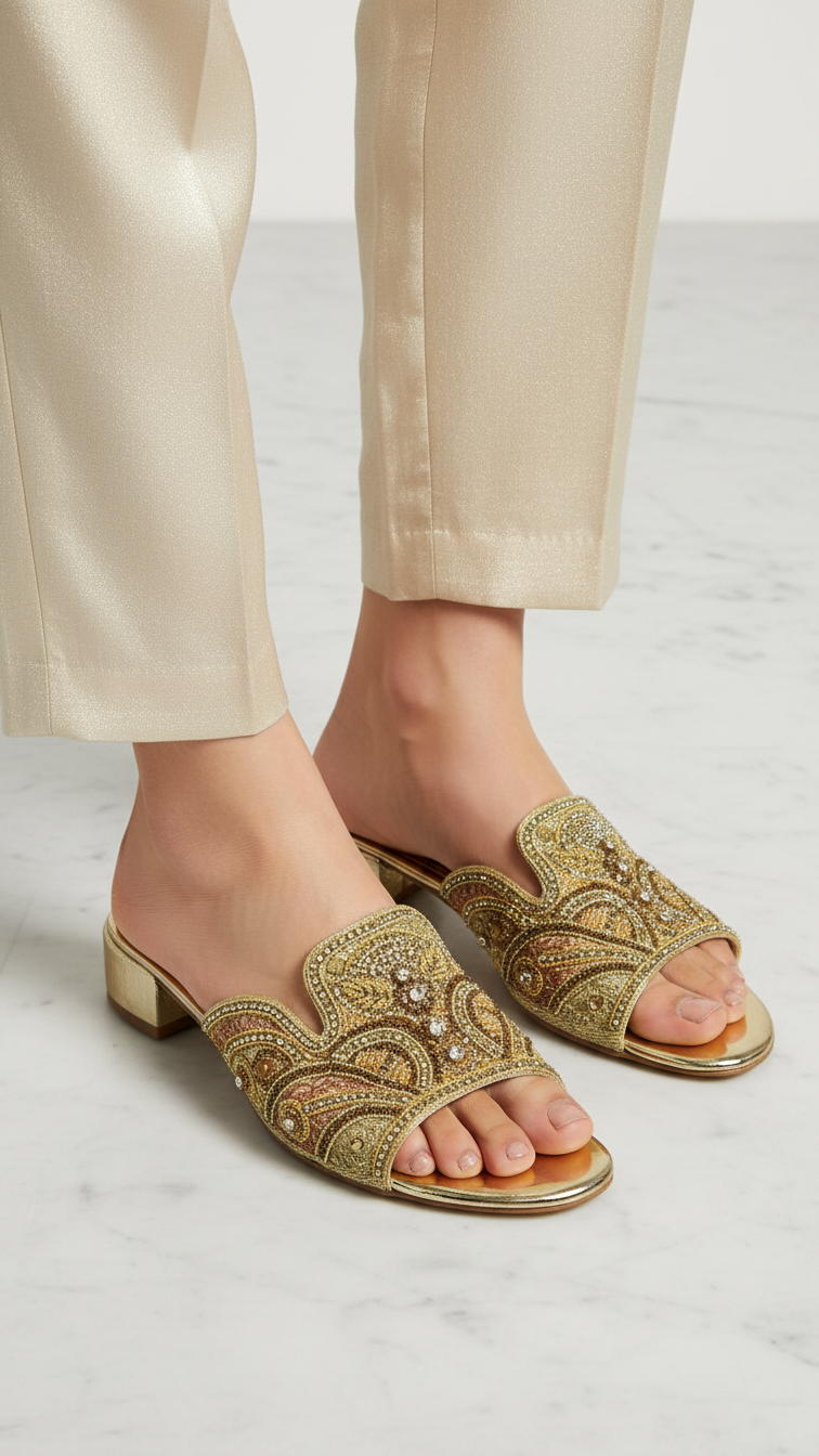A pair of gold embellished sandals with intricate designs on the toe and heel.