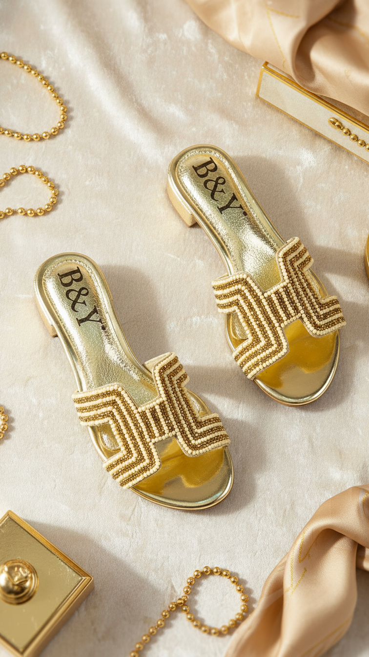A pair of gold-colored sandals with a geometric pattern, placed on a beige background with other accessories such as a necklace and a small box.
